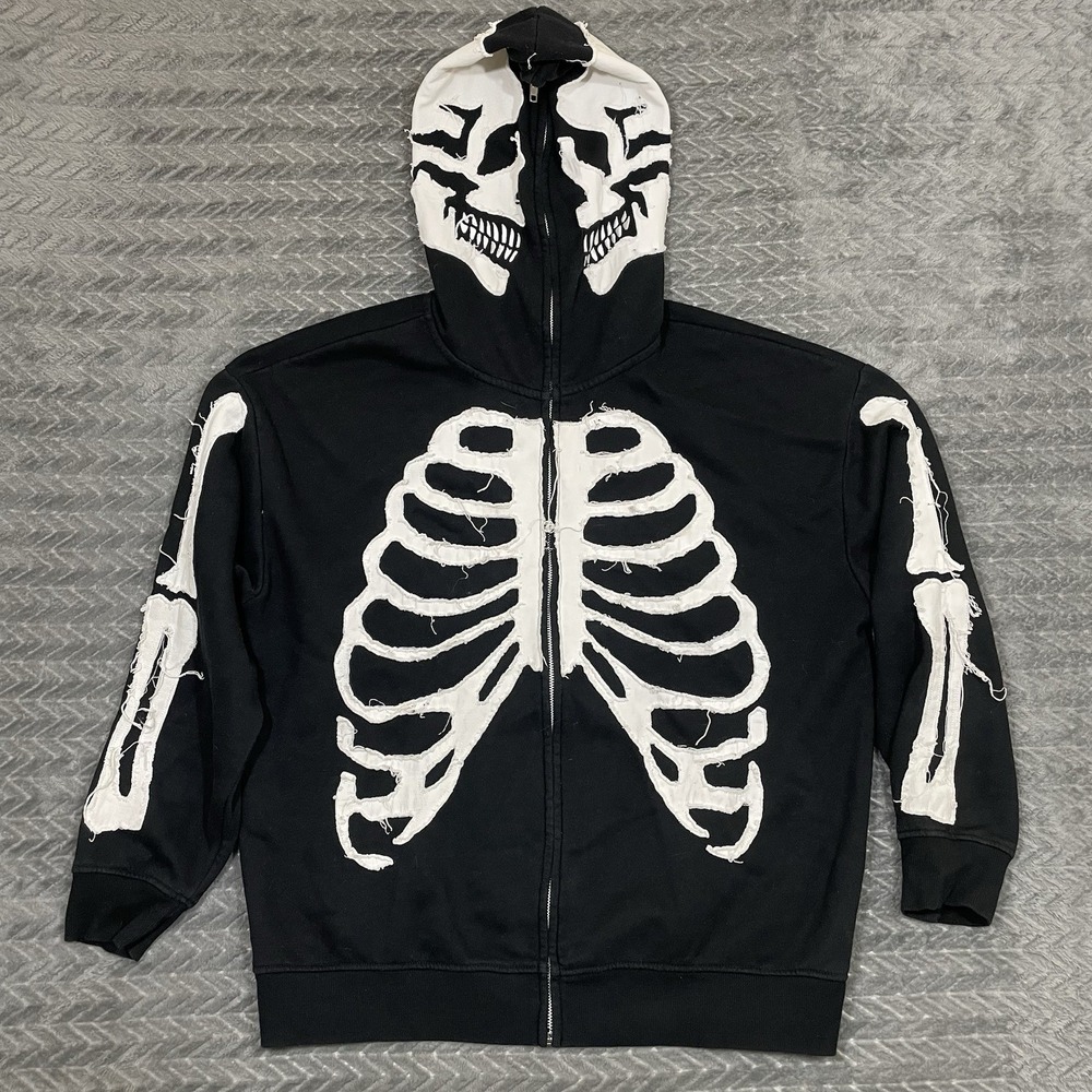 Forever 21 Skeleton Jacket Men Medium Hooded Full Zip Skull Grunge Skater Emo